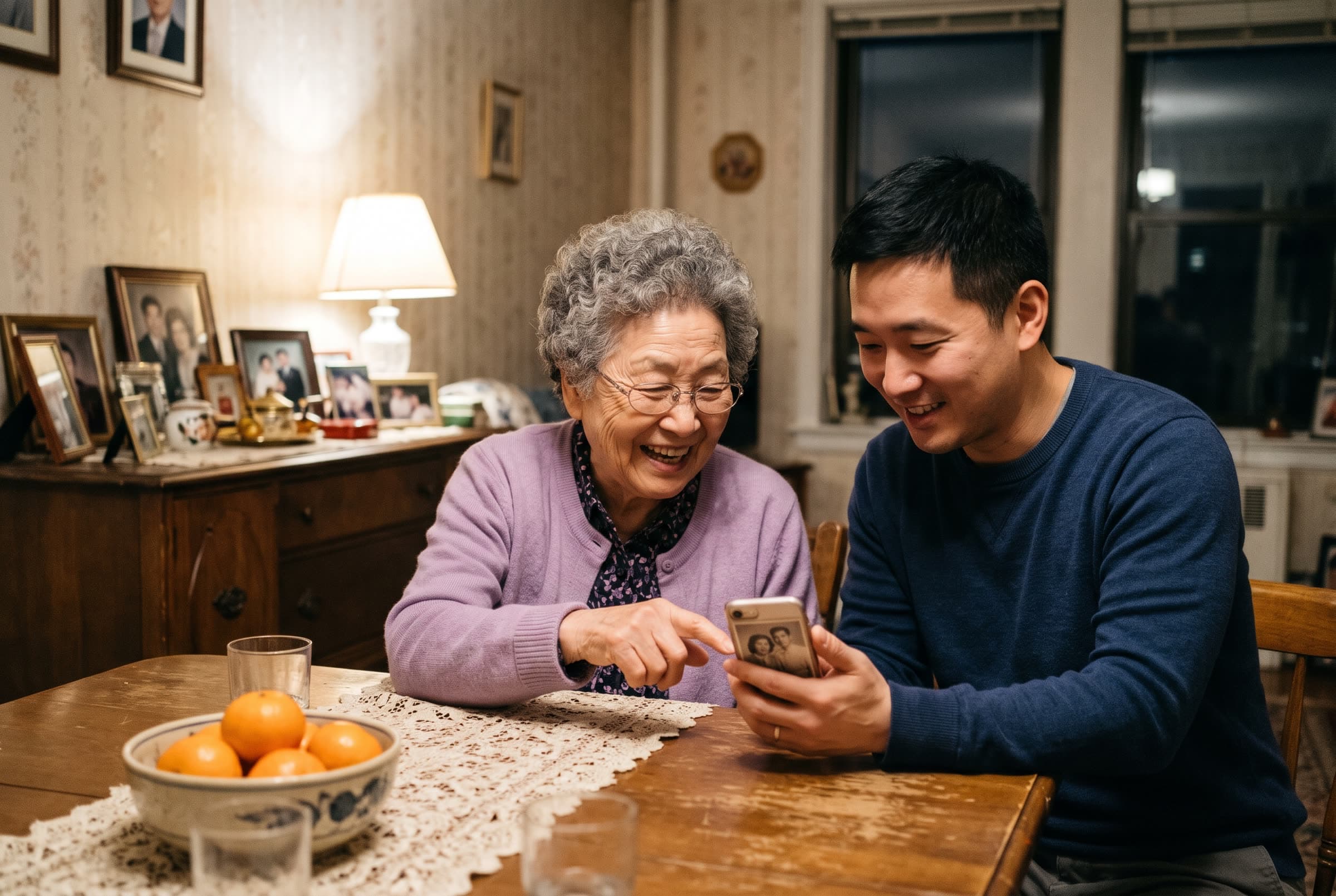 Una abuela se ríe y señala una foto antigua en el móvil que le enseña su nieto ya adulto, en la mesa del comedor. Imagen creada con IA.