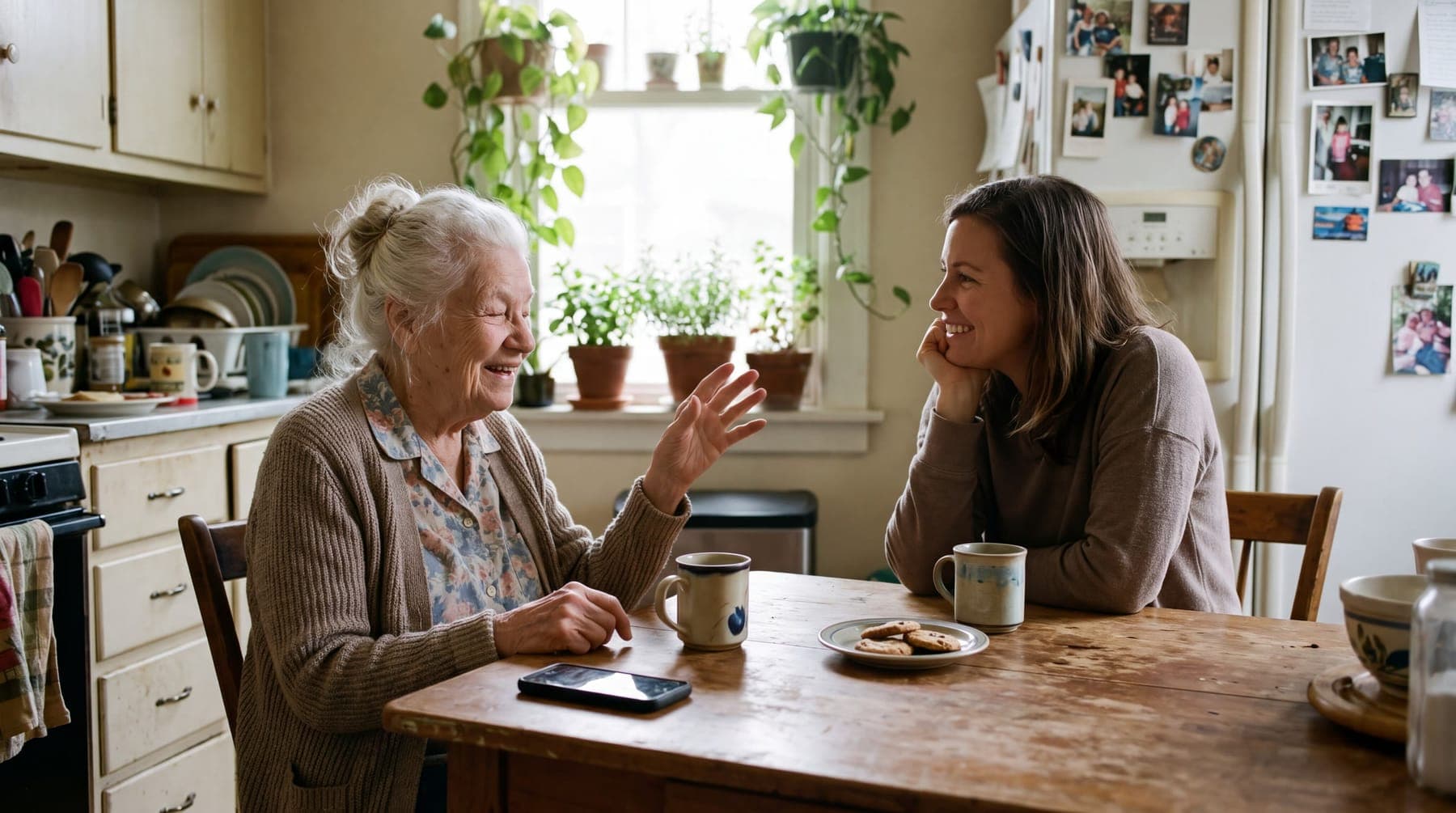 A woman in her late thirties leans on the kitchen table, chin in her hand, as her grandmother laughs and tells her a story over coffee. AI-generated image.