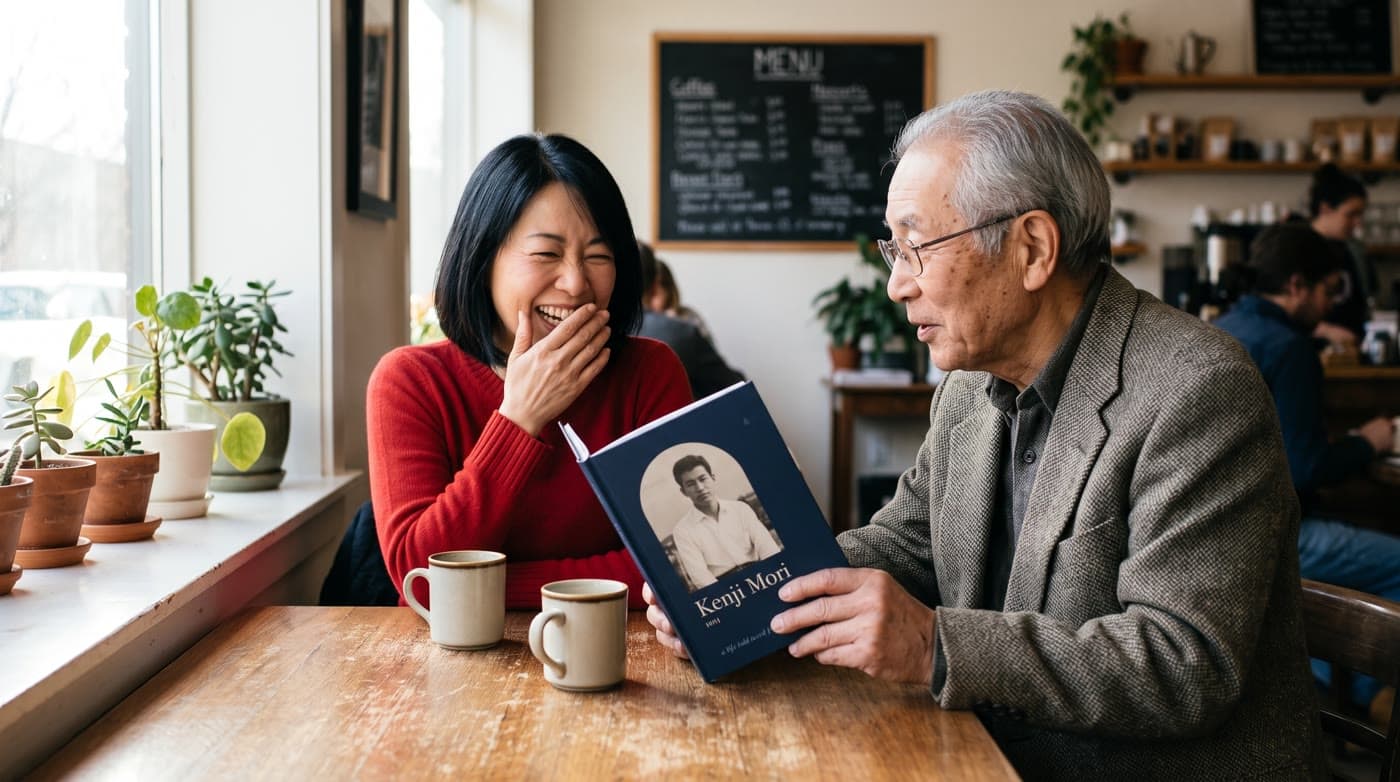 A woman and her older father laugh at a café window while he shows her his book. AI-generated image.