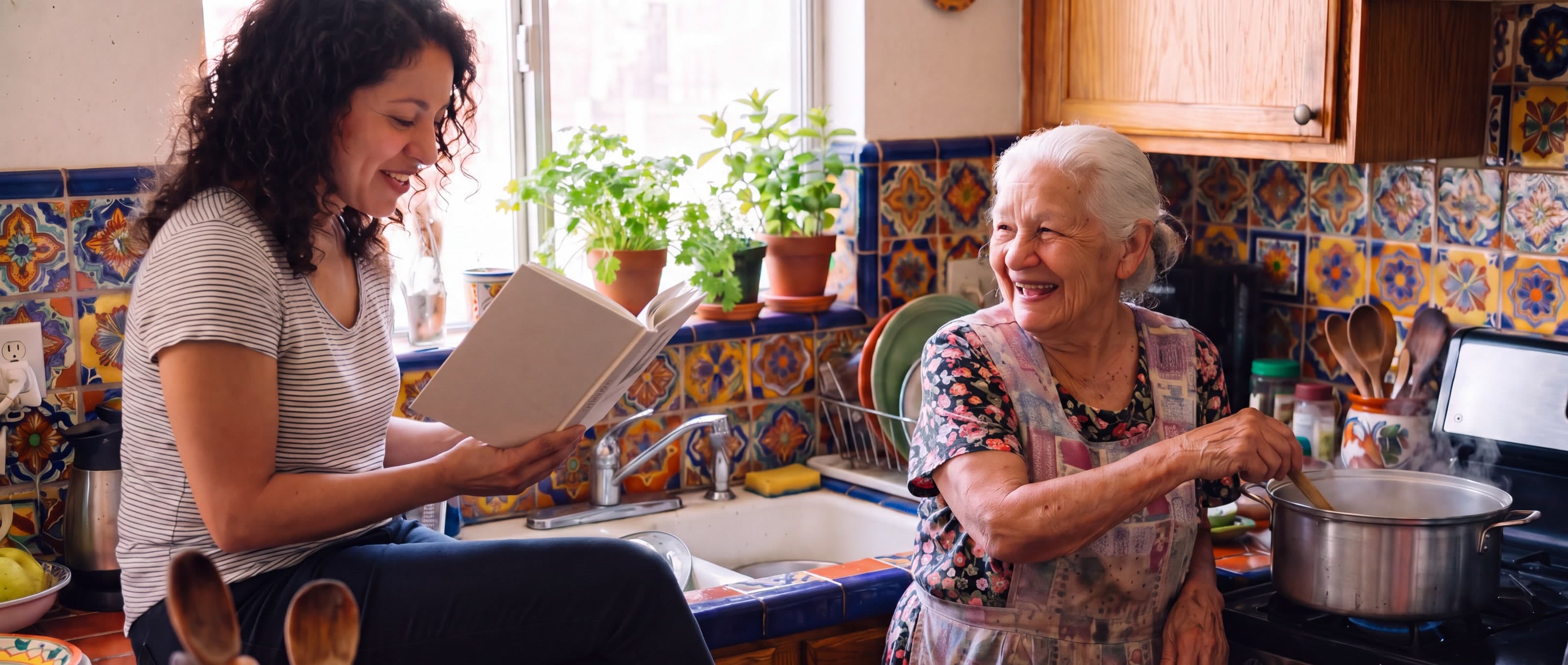 A woman sitting on the kitchen counter smiles as she reads from a slim book, while her grandmother laughs by the stove. AI-generated image.