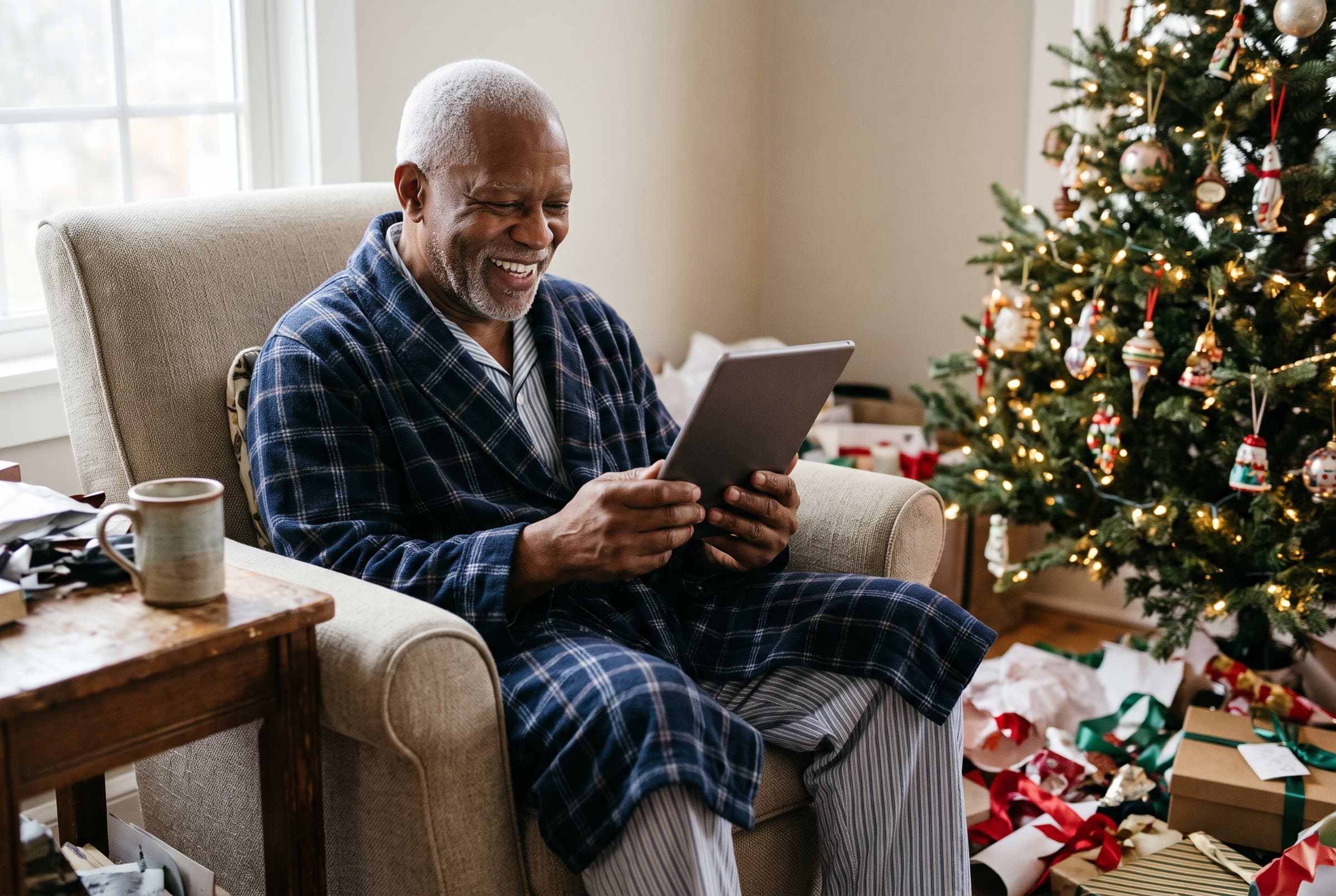 An older man in pajamas and a robe smiles as he reads on a tablet by the Christmas tree. AI-generated image.
