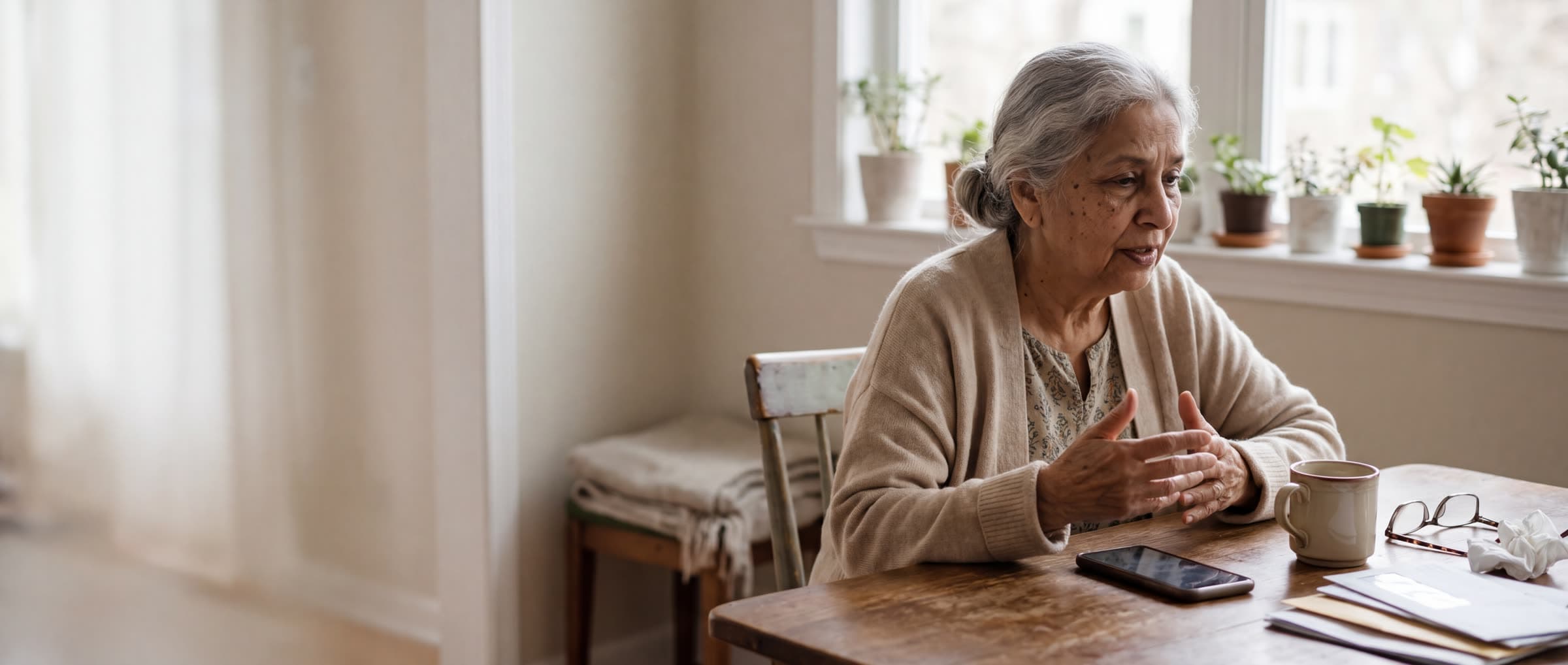 Una mujer mayor habla sentada a la mesa de su cocina, con el móvil delante y una taza al lado. Imagen creada con IA.
