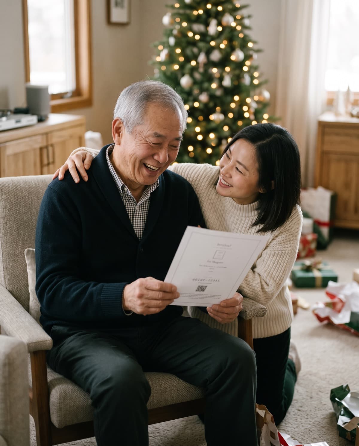 On Christmas morning, an older man laughs, moved, as he reads a printed gift card, his grown daughter's arm around his shoulders. AI-generated image.