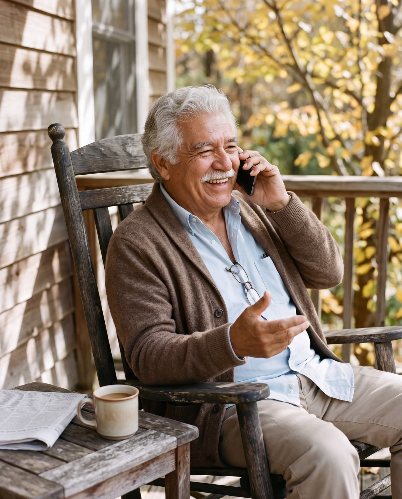 An older man with a white moustache laughs on his porch as he tells a story on the phone. AI-generated image.