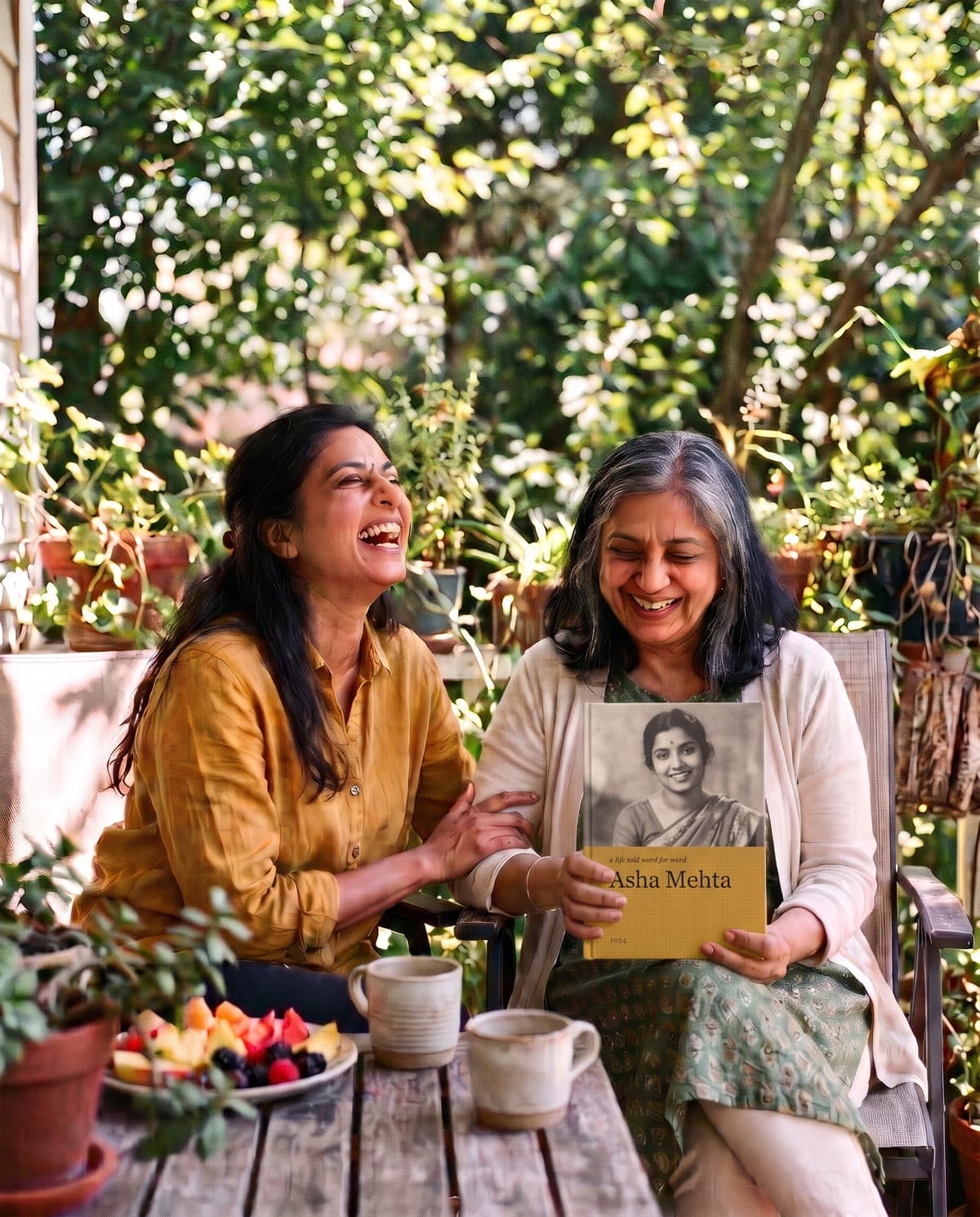 A woman in her forties laughs on a sunny porch as her mother reads to her from a book. AI-generated image.
