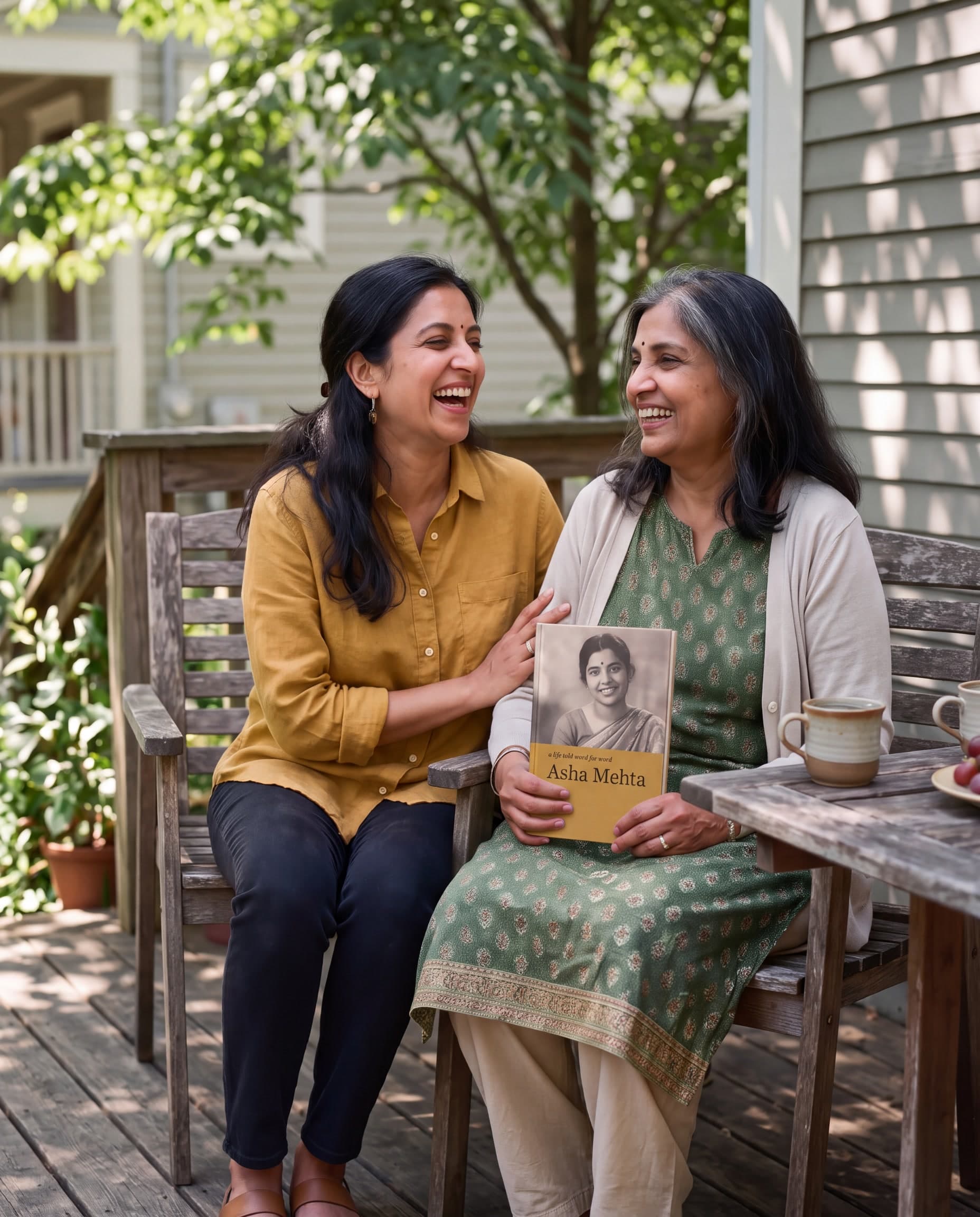 A woman in her forties laughs on a sunny porch as her mother reads to her from a book. AI-generated image.