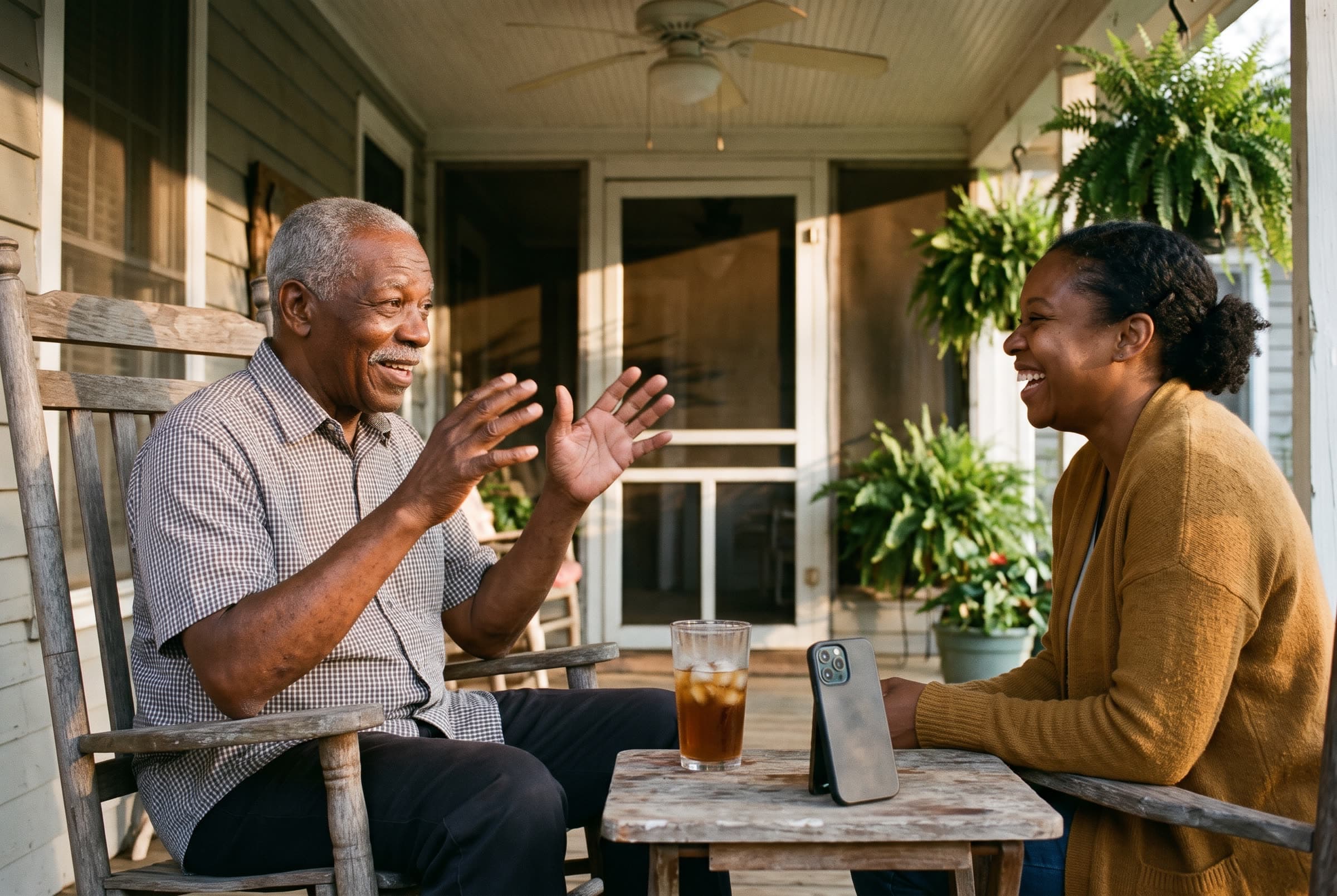 An older man tells a story with both hands on his front porch while his daughter laughs, her phone recording on the table. AI-generated image.