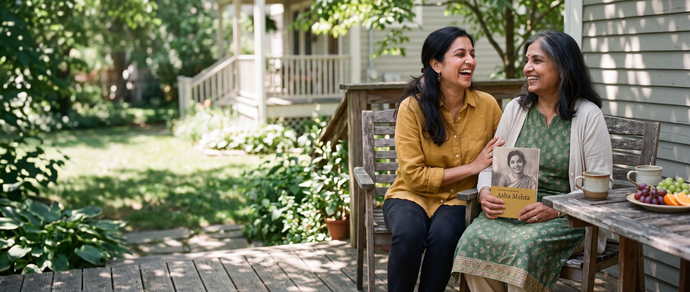 A woman in her forties laughs on a sunny porch as her mother reads to her from a book. AI-generated image.