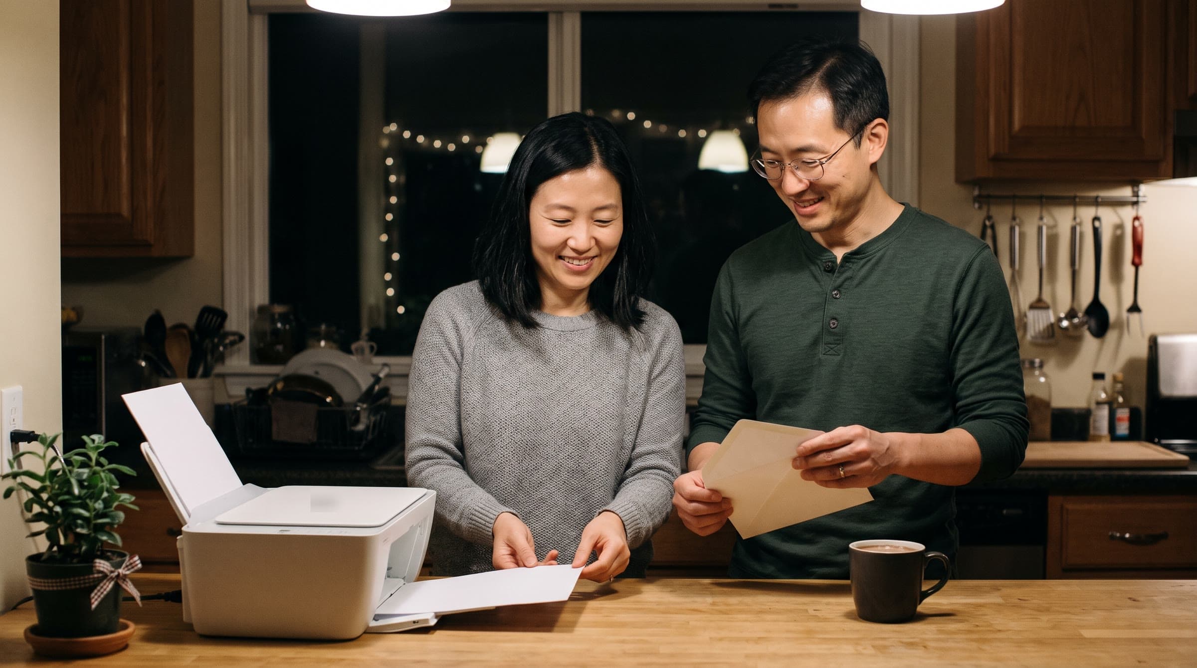 A couple smiles in their kitchen at night as a home printer prints a gift card and he holds an envelope. AI-generated image.
