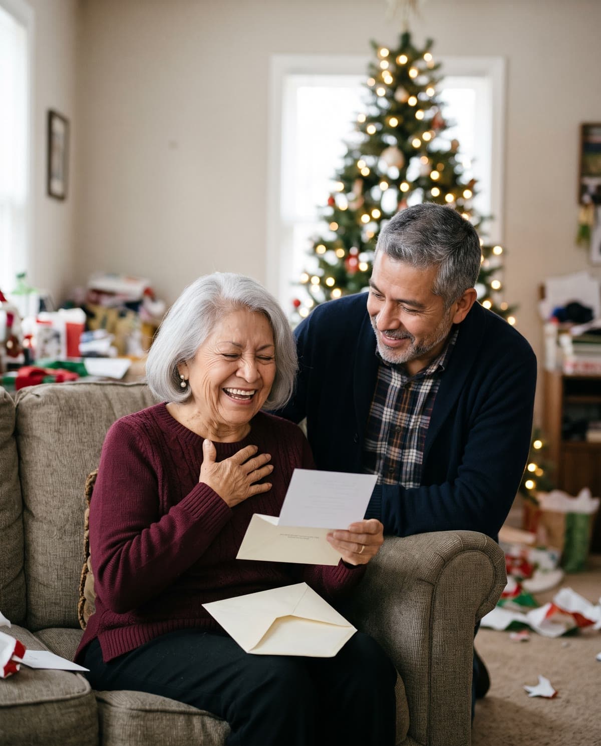 A man watches his mother laugh as she reads a printed gift card on Christmas morning. AI-generated image.
