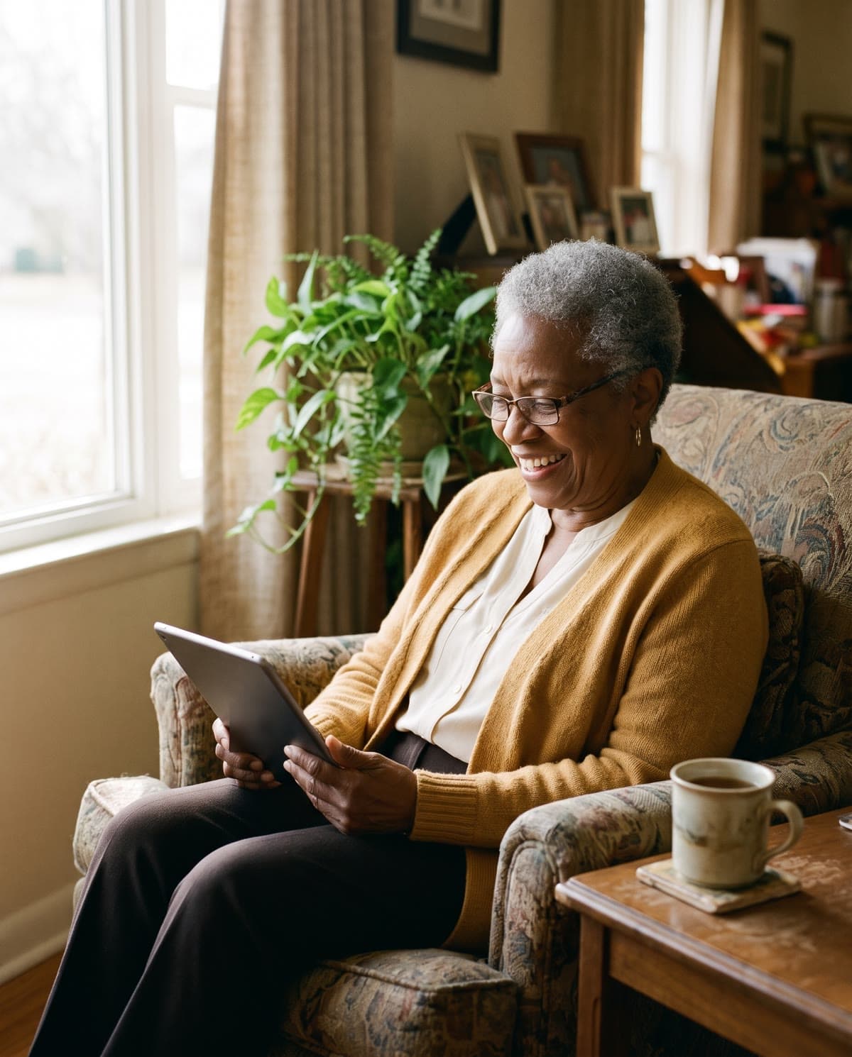 An older woman smiles in her armchair as she reads a message on her tablet. AI-generated image.