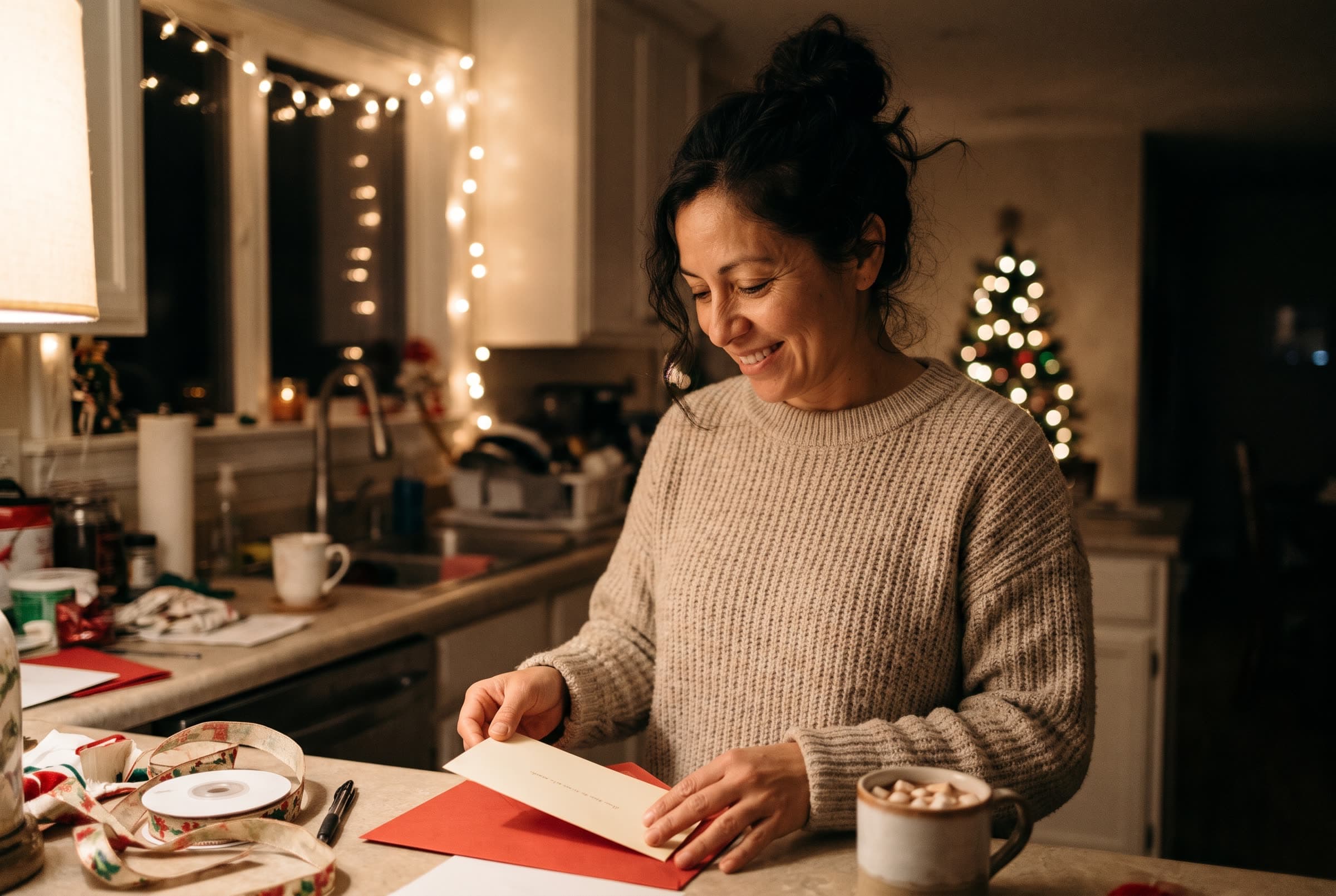 Una mujer sonríe mientras mete una tarjeta impresa en un sobre rojo en su cocina, de noche, con luces de Navidad detrás. Imagen creada con IA.