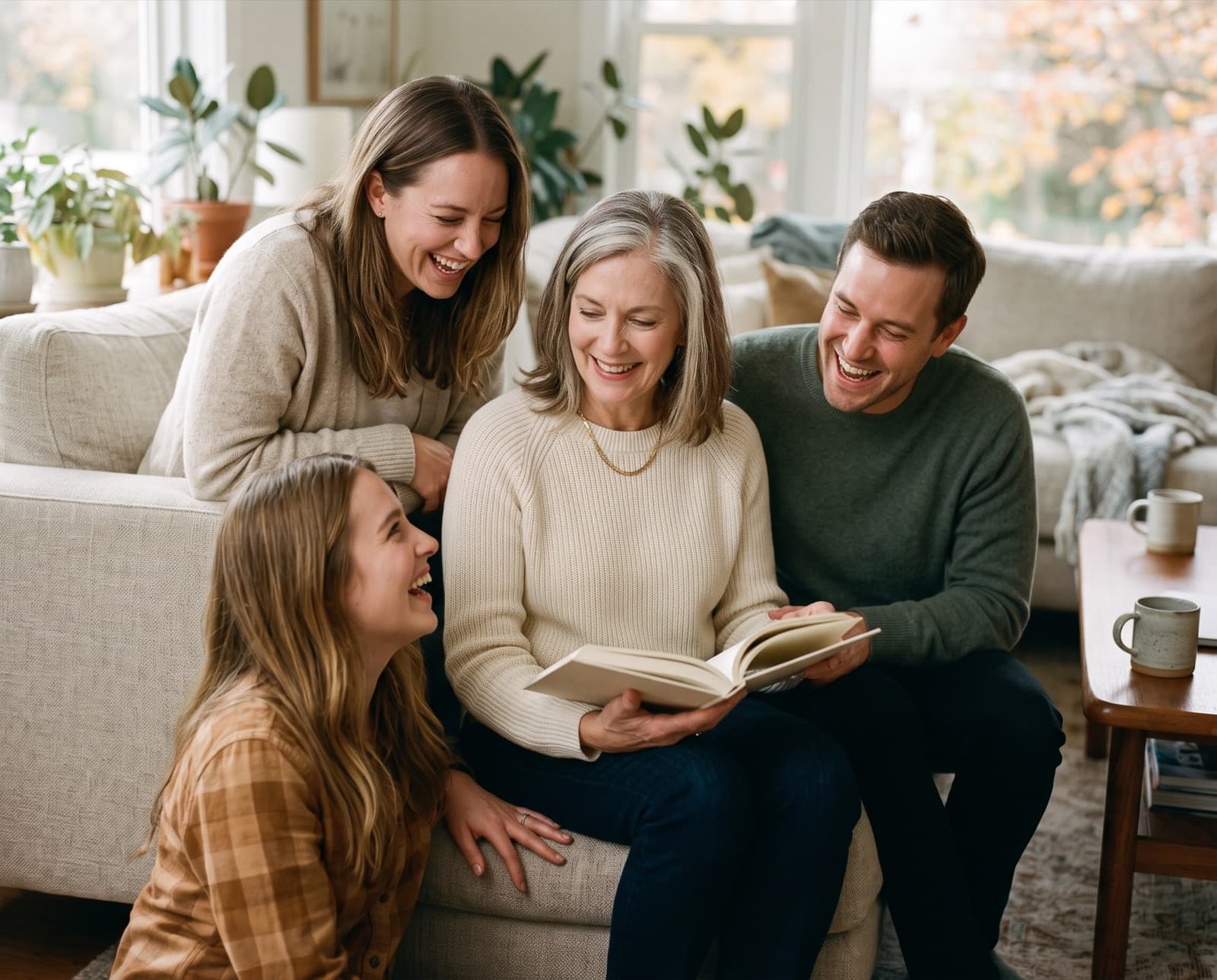 Una madre se ríe en el sofá mientras lee en voz alta un libro fino, con sus tres hijos mayores alrededor. Imagen creada con IA.