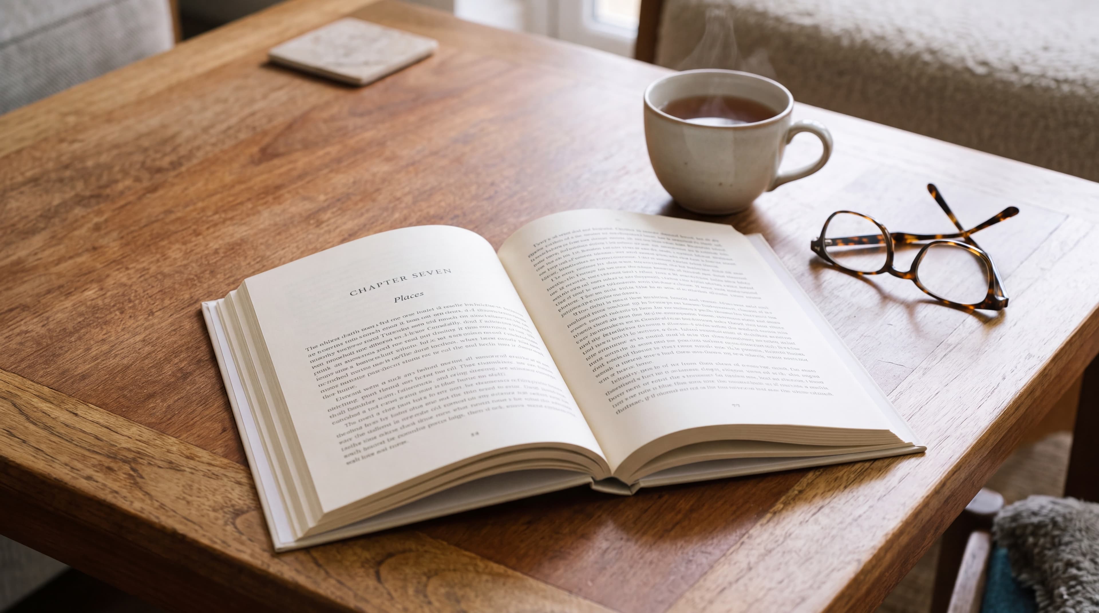 A memoir book lying open on a wooden table, its pages filled with text, next to a cup of tea and reading glasses. AI-generated image.