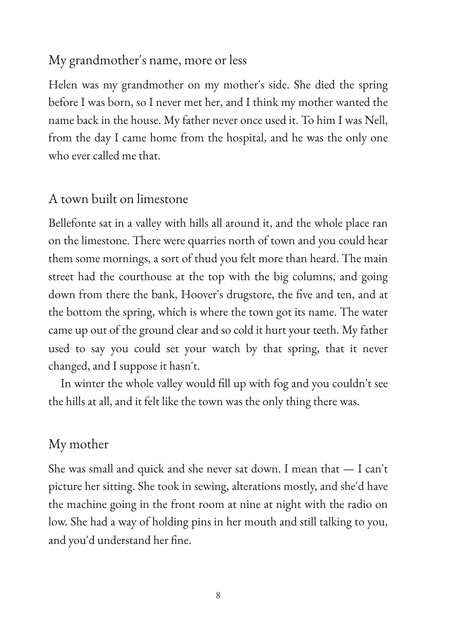 A page from the sample book: The text. One answer after another, each under a short title.