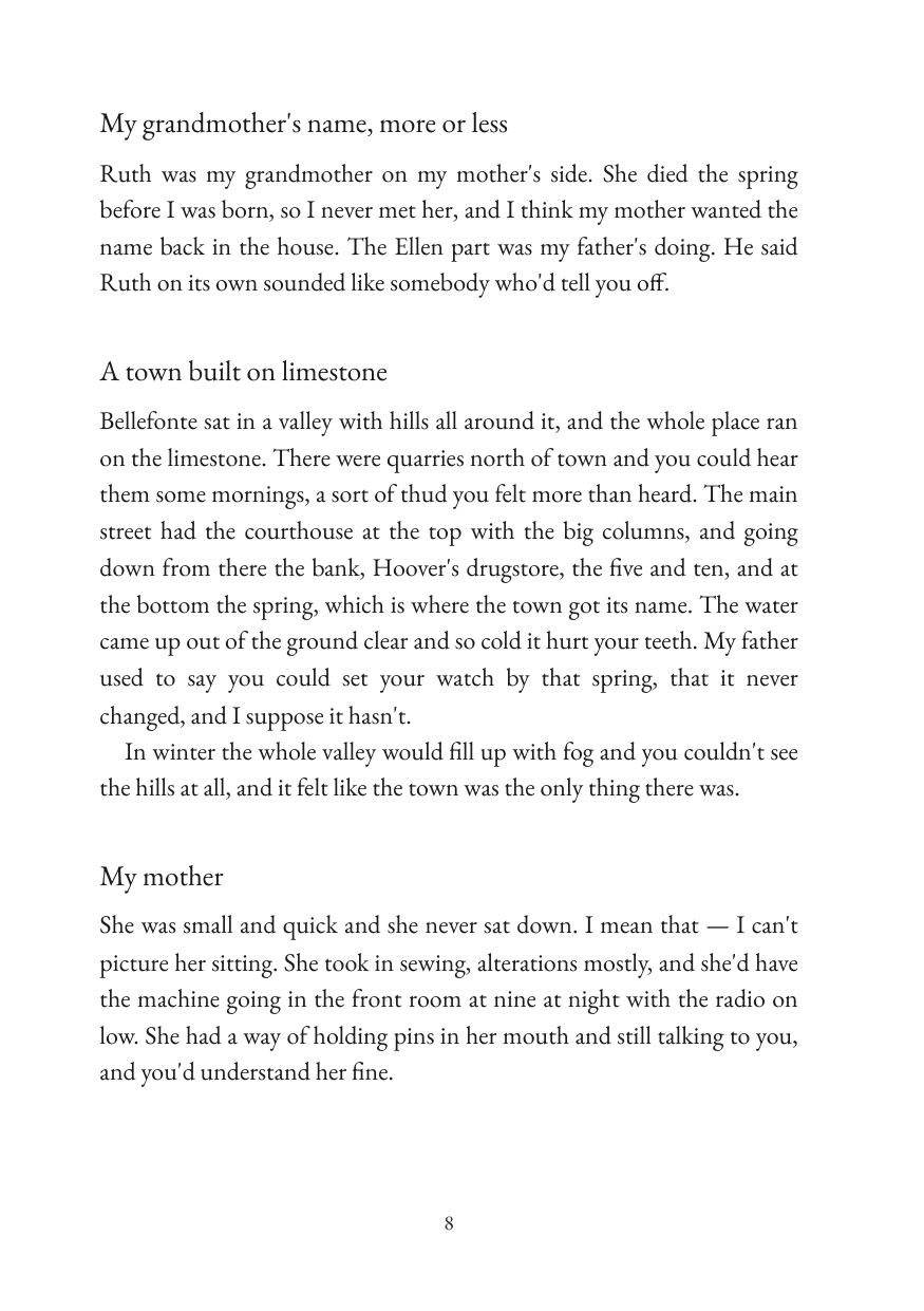 A page from our sample book, set in one of the designs you can choose. Ruth Ellen Mercer is an invented narrator.