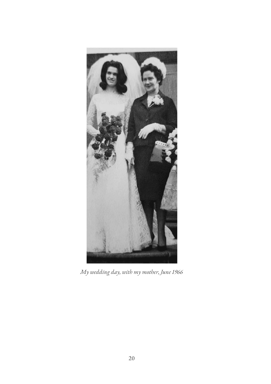 Page 20 of the sample book: a black-and-white photo with the caption “My wedding day, with my mother, June 1966”.