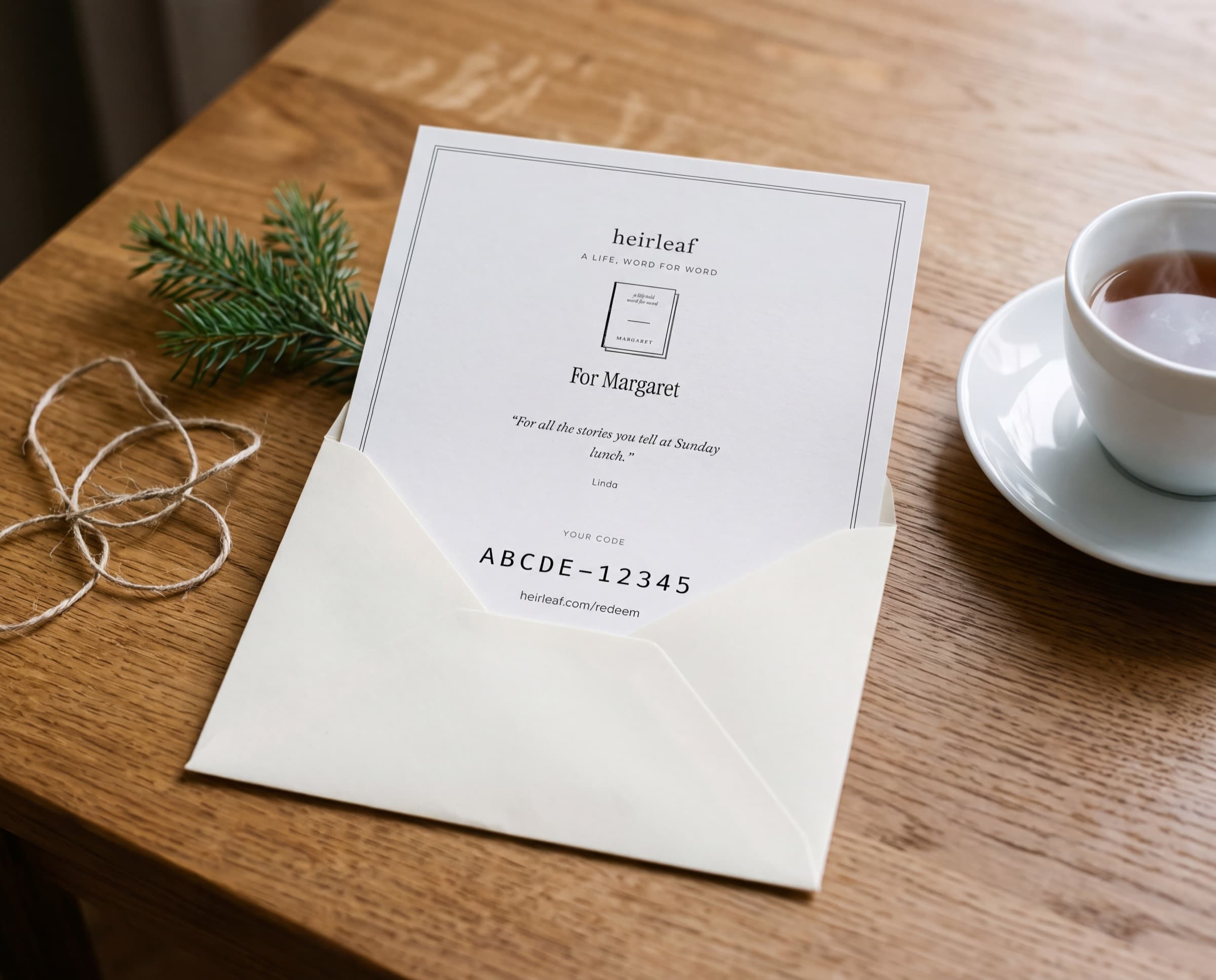 The printed gift card, with its code, half out of a cream envelope on a wooden table beside a cup of tea. AI-generated image.